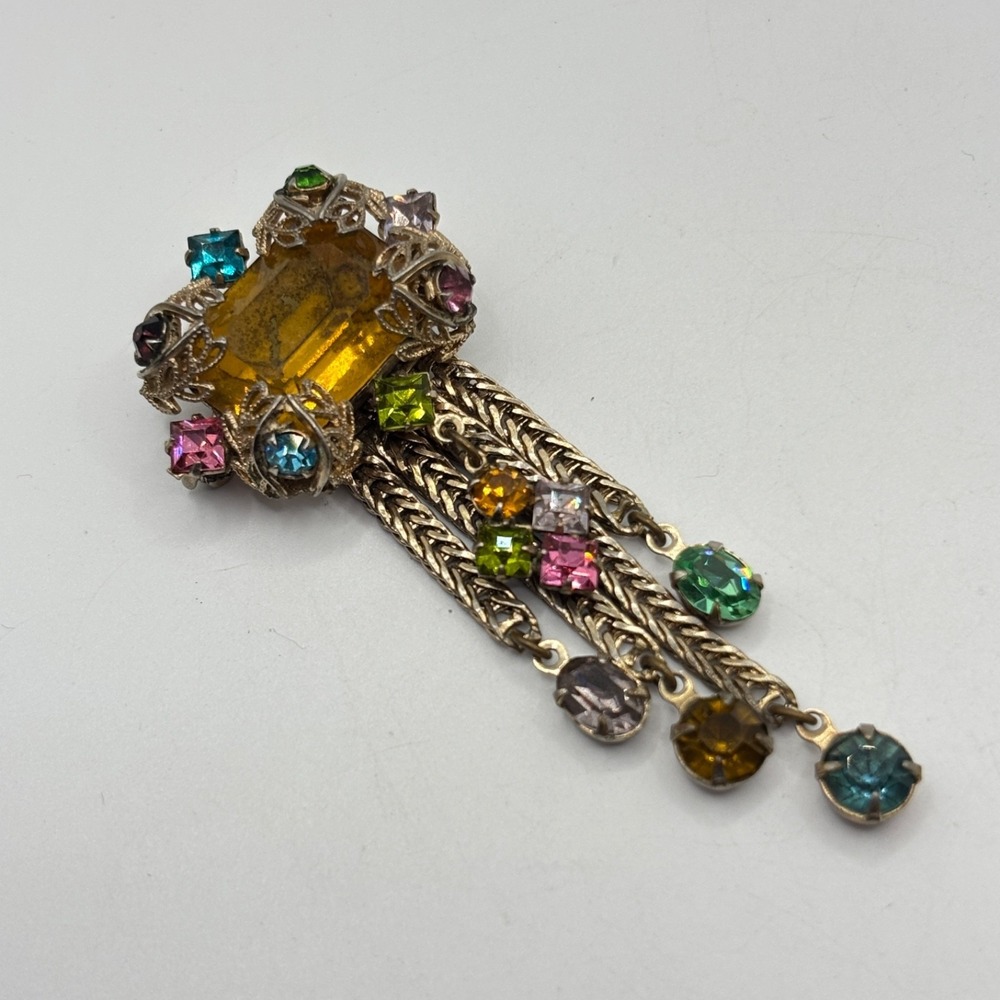 Vintage Filigree Dangle Brooch Multicolor Stones Chain Dangles 2.5"